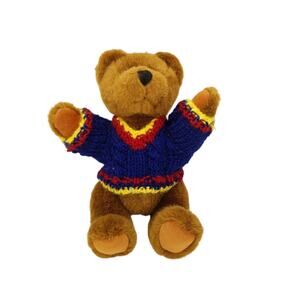 Hugfun Tan Bear Plush Jointed Blue Knit Sweater Stuffed Animal Toy Vintage 2000